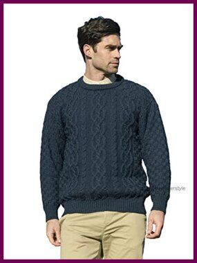 Merino Wool Crew Neck Pullover Sweater Basket Stitch Winter Knit